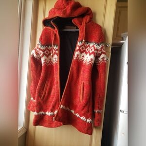 Rocky Mountain Outfitter 100% Wool Red Hooded Knit Cardigan with White Pattern